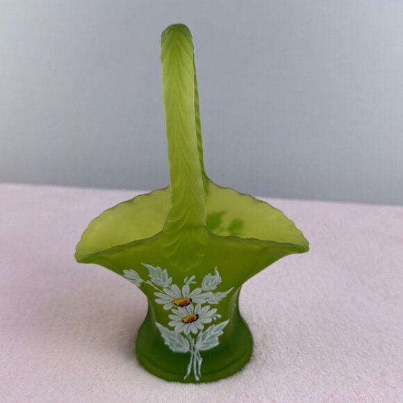 Westmoreland Vintage Hand-Painted Green Glass Basket With Daisy Design - Picture 1 of 7